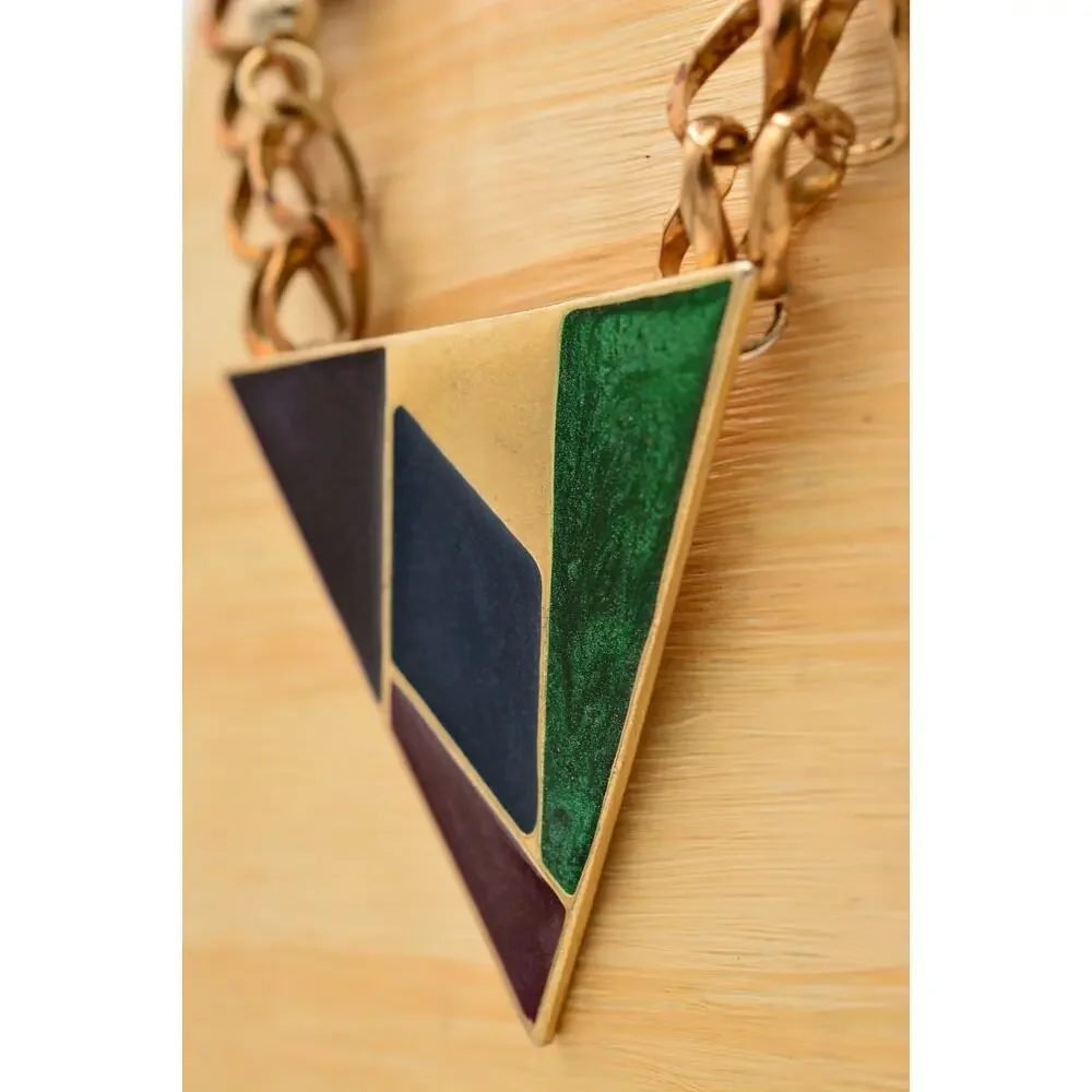 Vintage Multicolor Enamel Geometric Triangle Statement Necklace Gold Beaded BinY